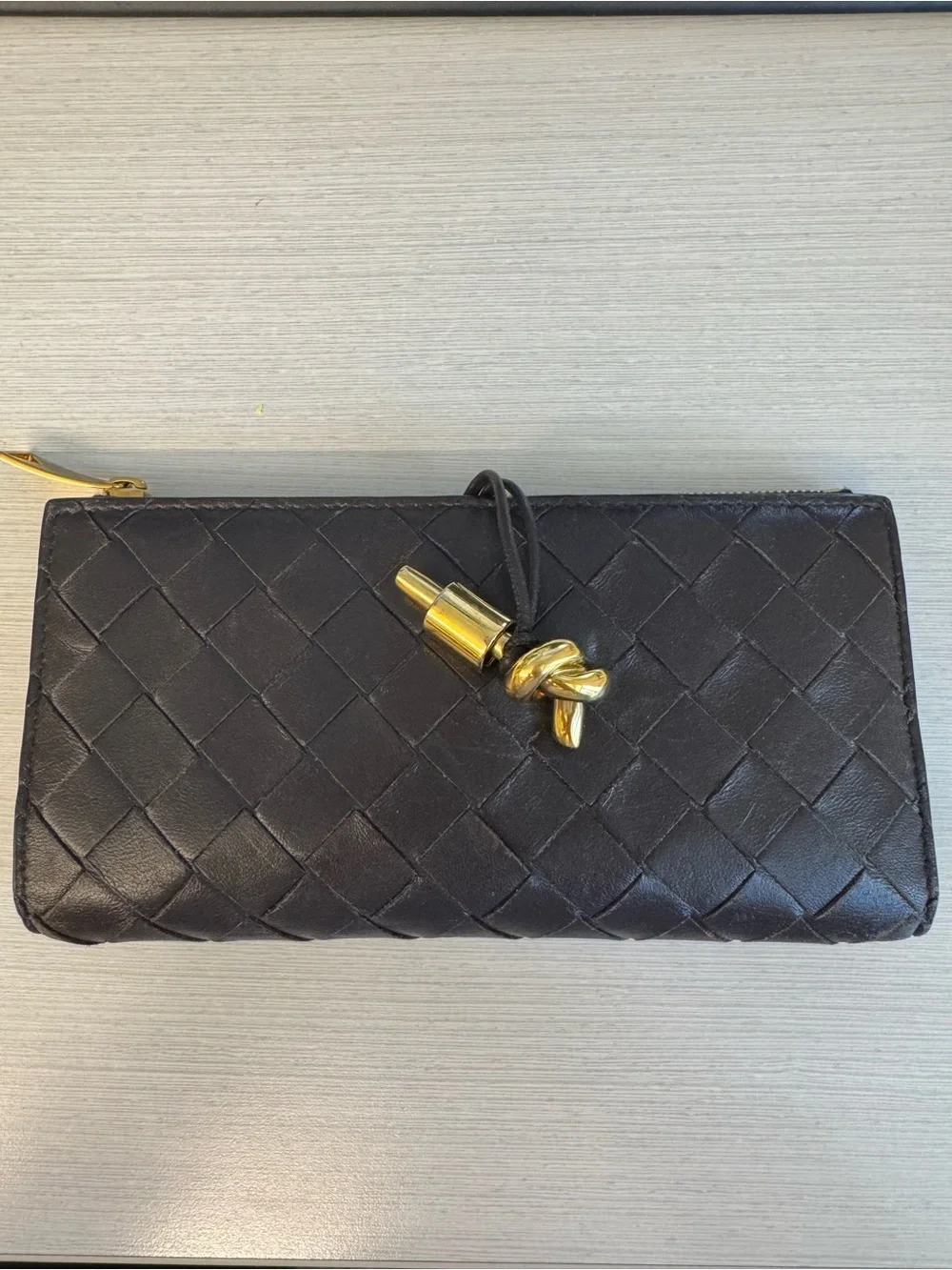 Bottega Veneta Dark Brown Intrecciato Zip Wallet with Gold Hardware